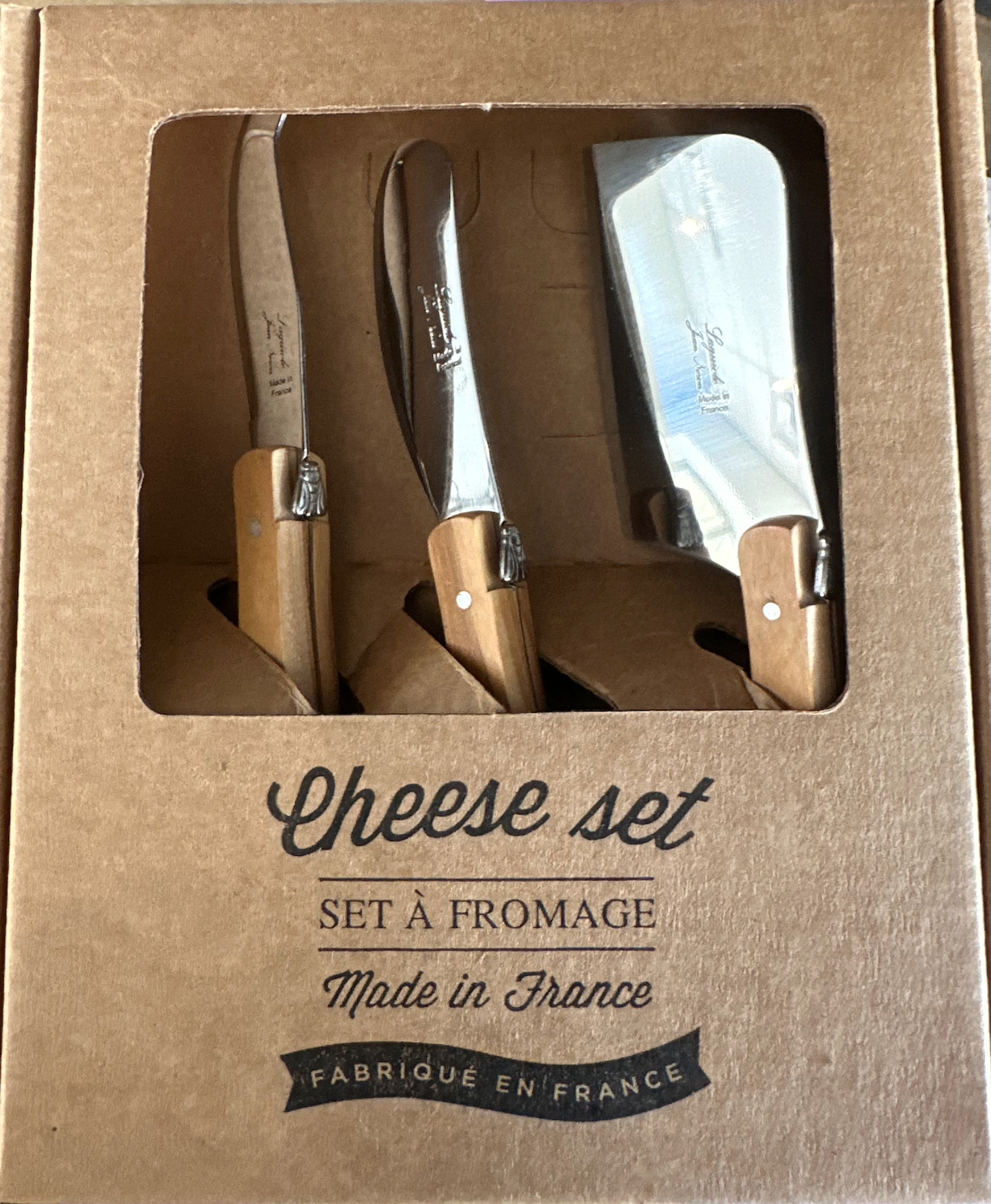 Laguiole Olivewood Mini Cheese Set in Brown Box (Cutter, Spreader, Fork Tipped Knife)