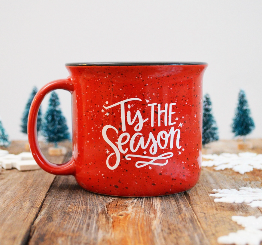 Christmas Holiday mug, Tis the Season, Red campfire mug